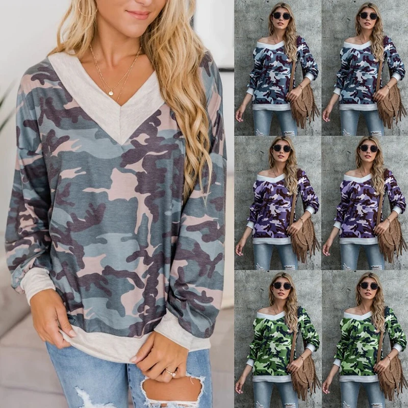 

Autumn and summer women's V-neck long sleeve camouflage base женские ђболки woman tshirts ђболка mujer camisetas ђболки о